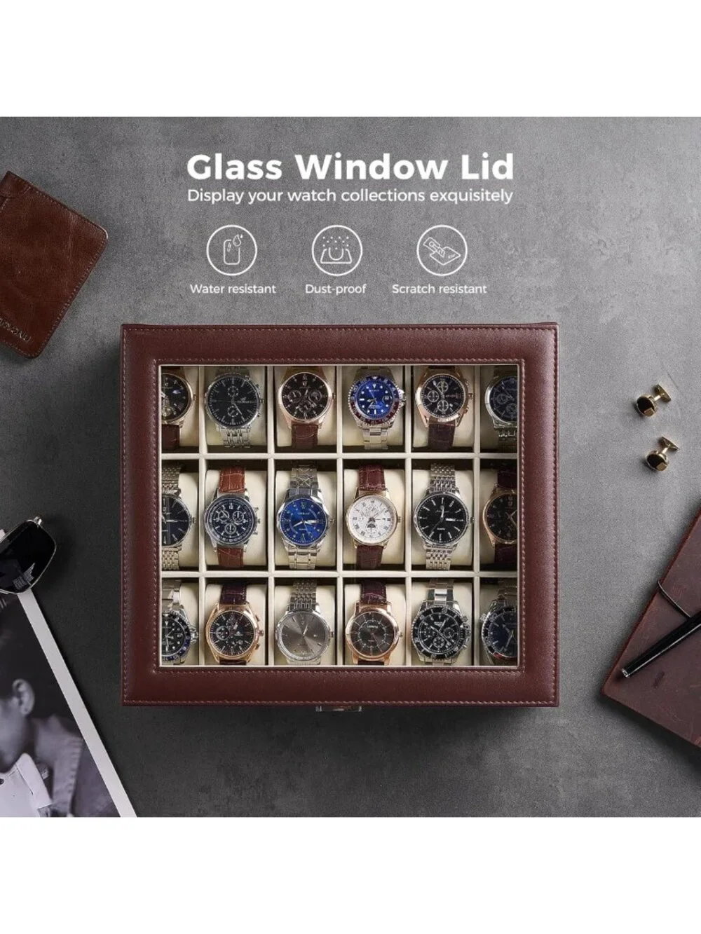 18-Slot Watch Box Organizer - Elegant Espresso & Beige Display Case for Watches